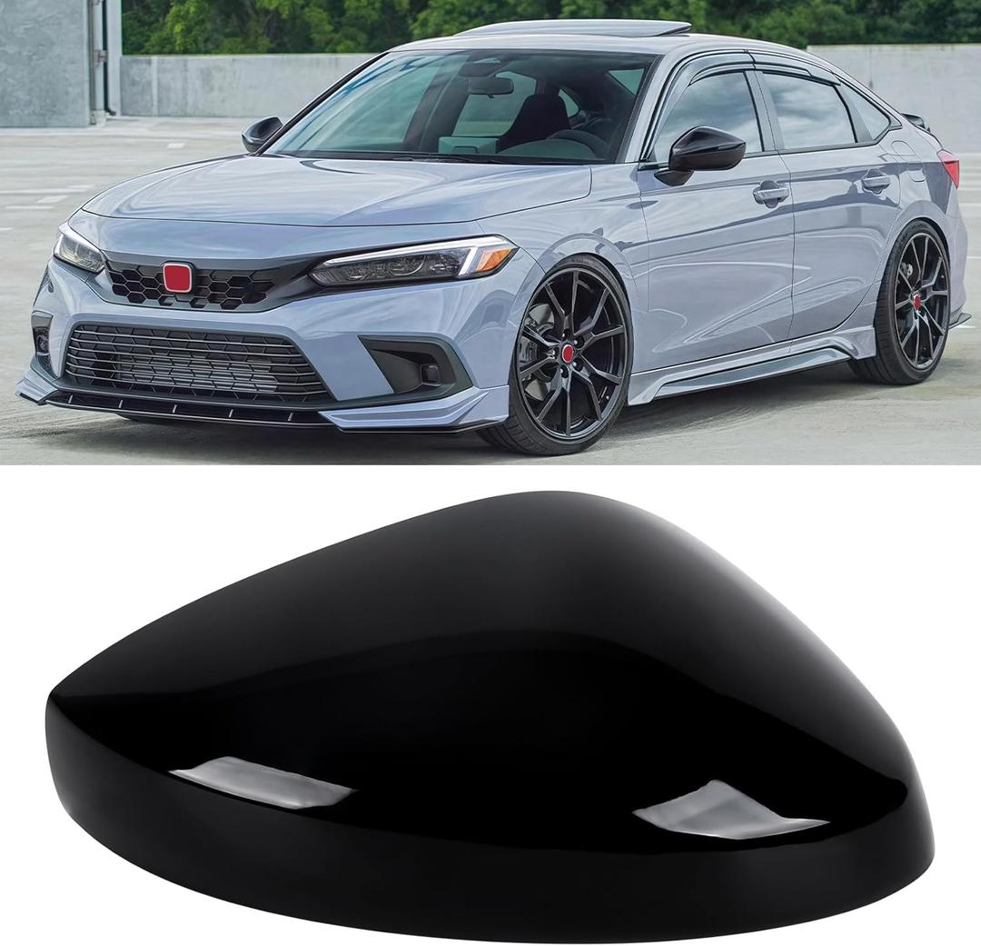 Glossy Black Right Passager Side Mirror Cover Cap Housing Compatible with 2022 2023 2024 2025 Honda Civic without Turn Signal Model, Direct Replacement