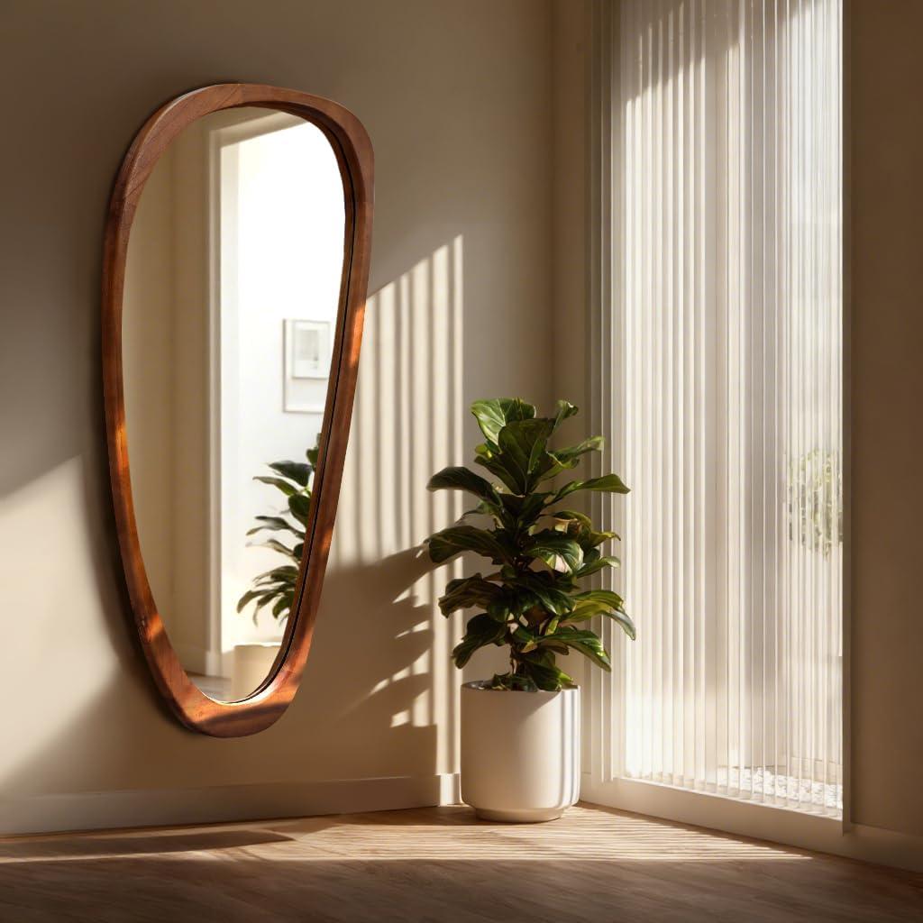22x48'' Asymmetrical Mirror with Wood Frame, Small Irregular Wall Odd Shaped Mid Century Modern Mirror Christmas Decor for Bedroom Living Room Entryway Hall (Wood)