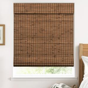 Cordless Bamboo Roman Shades for Windows, 100% Blackout Backing Fabric for Light Blocking, 34" W  64" H - Penang Teak