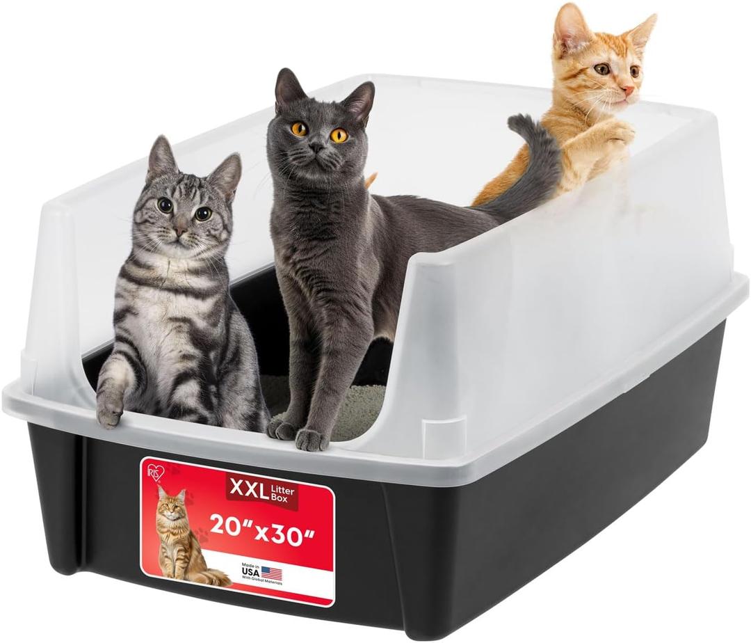 IRIS USA XX-Large Open Top Cat Litter Box with High Sided Walls Tall Scatter Shield Scoop Included Easy Clean Plastic Pan for Big Cats Kittens Multi-Cat Households 30"L x 20"W x 14"H Black
