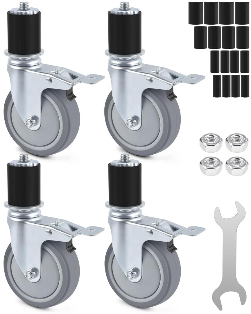 ERKOON 4 Inch Prep Table Caster Wheels Set, 4 Heavy Duty Expanding Stem Casters Fit 7/8", 1", 1-1/2", 1-5/8" Tube Leg with Brake for Stainless Steel Table, Cart, Furniture Legs, Kitchen Workbench