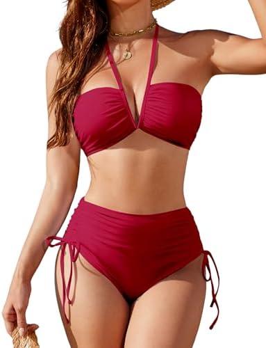 Blooming Jelly Womens High Waisted Bikini Sets Sexy Bandeau Tummy Control Swimsuits Halter Two Piece Ruched Bathing Suit L