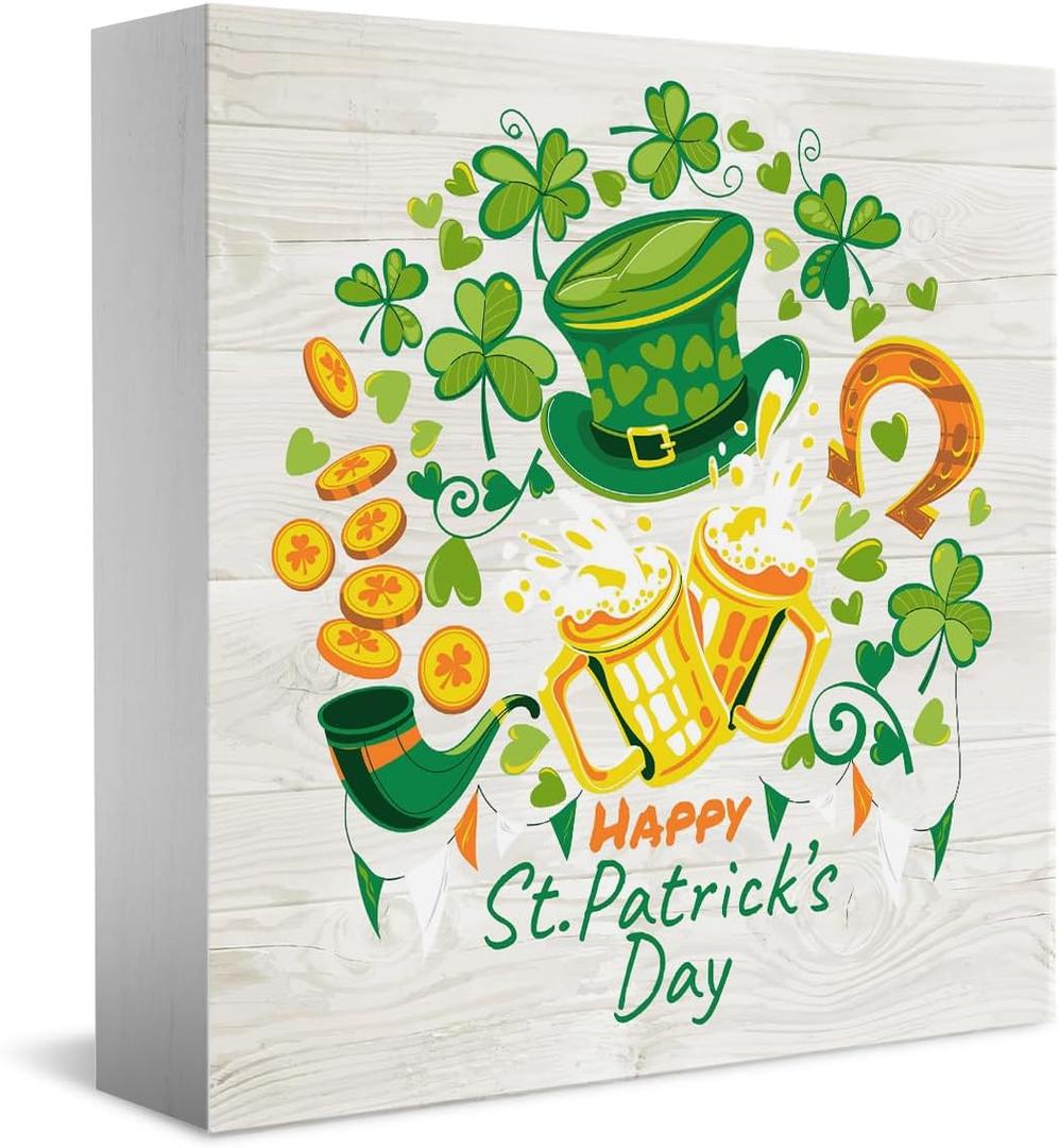 Happy St. Patricks Day Wooden Box Sign, Lucky Clover Green Top Hat, Beer Mug, Horseshoe, Green Home Office Irish Themed Party Decor, Home Desk Office Decor 5 x 5 Inches