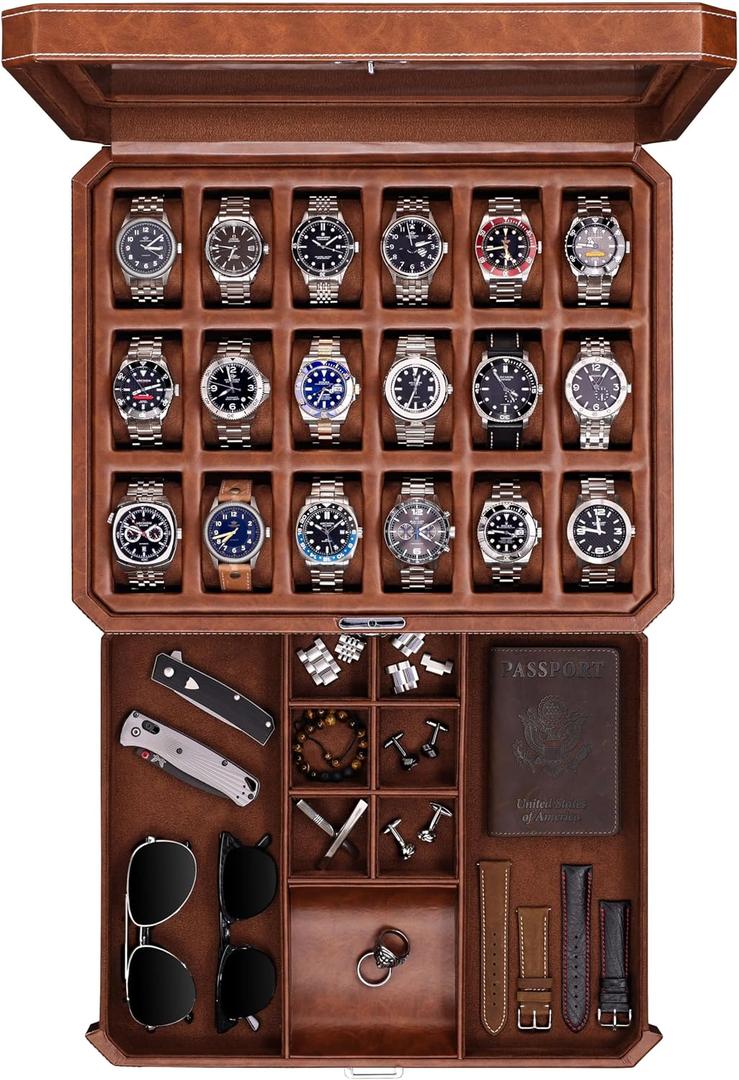 ROTHWELL 18-Slot Watch Case with Drawer Luxury Watch Box for Men, Real Glass Top, Lockable, Display Case for Collections (Tan/Brown)