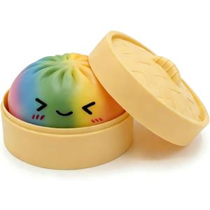 Rainbow Dumpling Squishies with Box, New Mystery Squishys Dumplings Stress Relief Balls Fidget Sensory Toy,Bao Bun with Food Steamer Stretchy Desk Squeeze Toys