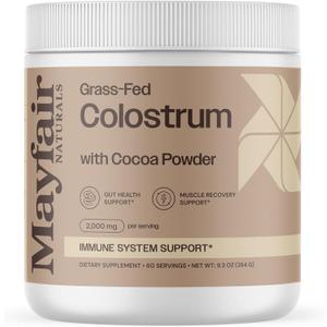 Grass-Fed Bovine Colostrum Supplement with Cocoa Powder, for Kids & Adults, Immune System Support, Gut Health and Muscle Recovery, 60 Servings