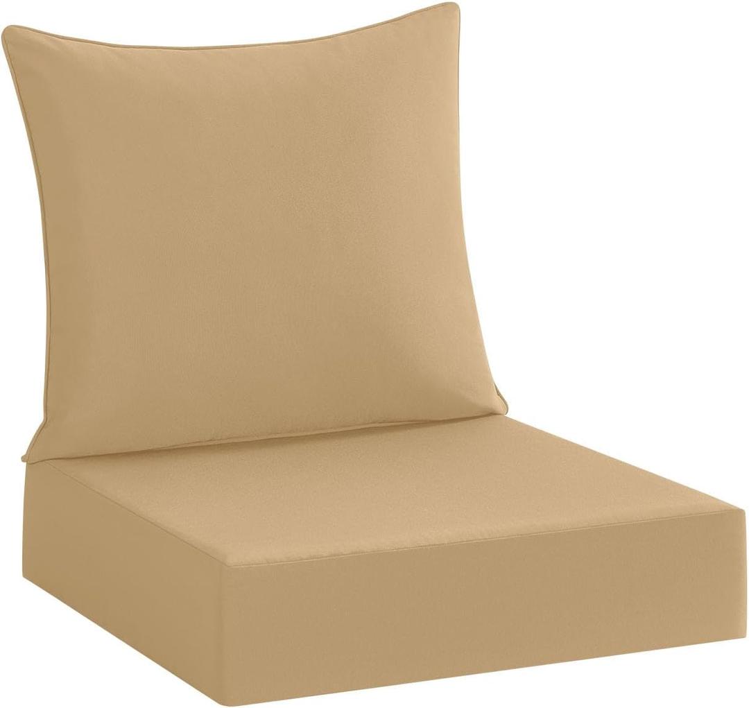 Cozyide Outdoor Deep Seat Patio Cushions Set, Waterproof Outdoor Chair Cushions, Patio Furniture Cushions 24x24 inch, Includes Seat Cushion & Back Pillow, Khaki
