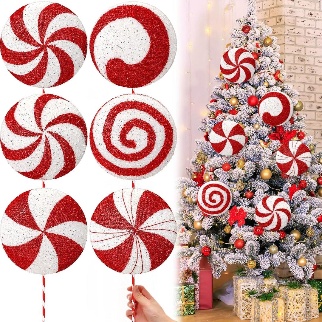 15.75'' Large Glitter Candy Christmas Decorations Giant Lollipop Candy Decorations with Sticks Red and White Peppermint Xmas Decor for Christmas Tree Ornaments Holiday, 6 Styles