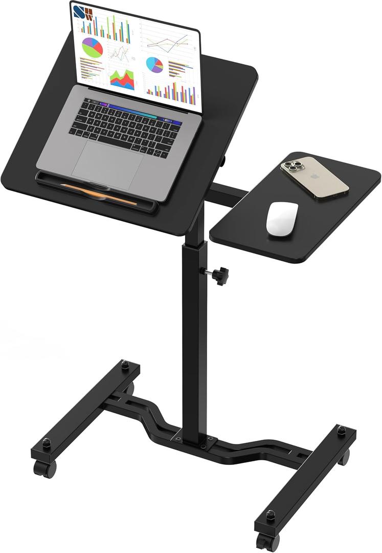 SHW 28.75" to 40.5" Height Adjustable Rolling Laptop Cart with Tilting Desktop and Side Shelf, Black