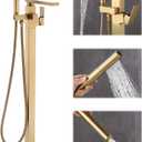 Free Standing Tub Faucet, Floor Mount Bathroom Tub Filler, Single Handle Freestanding Bathtub Shower Faucets with Handheld Sprayer, Brushed Gold