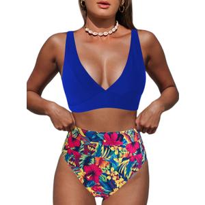 Hilinker Women's Leopard Bikini Swimsuits V Neck High Waisted 2 Piece Bathing Suits (X-Large, Royal Blue Floral)