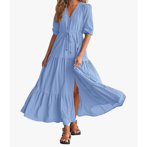 BTFBM Women Summer Dresses Short Sleeves V Neck Button Drawstring Maxi Dresses Solid Color Boho Long Dresses S, Blue