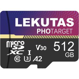 512GB Micro SD Card, microSDXC UHS-I Flash Memory Card TF Card, High Speed 100MB/s, C10, U3, A2, V30, for Full HD, 4K UHD Video Recording