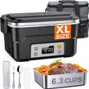 EAST OAK XL 6.3-Cup Cordless Electric Lunch Box for Adults, Heated Lunch Box for Men with Scheduled Heating, Portable Car Food Warmer with Utensils, Two-Tier Bag, Removable Divider (Extra Large, Black)