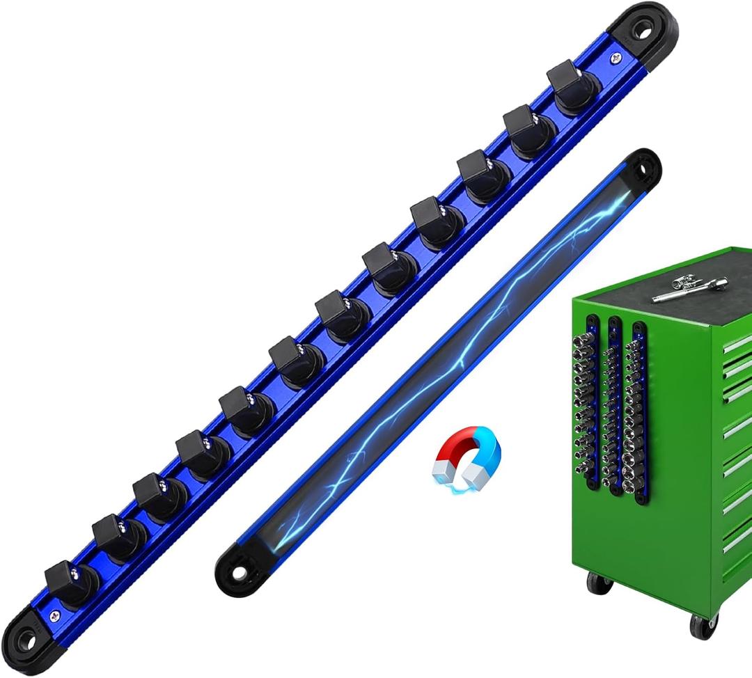 1/2-Inch Magnetic Socket Organizer Rail, Aluminum Alloy Socket Rail, Heavy Duty Sockets Holder with 12 Clips, 360 Swivel Clip Tool Tray, Sockets Organizer for Tool Box Drawer (Blue)