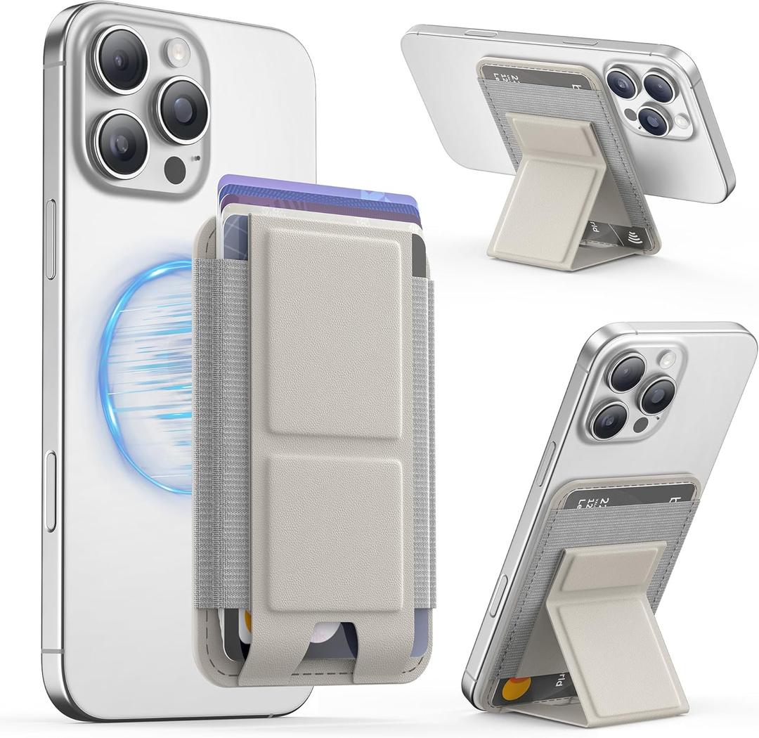 GONEZ for MagSafe Wallet with Stand, Stronger Magnetic Card Holder for iPhone 17/16/15/14/13/12 Series, Premium Leather Phone Wallet with RFID Blocking, 1 Slot, Fit 5 Cards, Stone