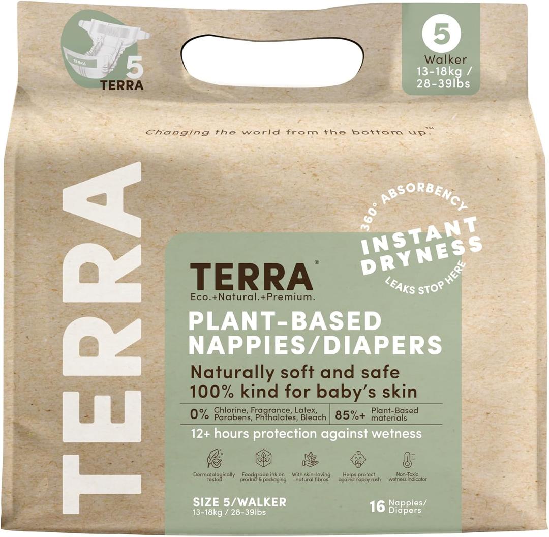 Terra Diapers Size 5: 85% Plant-Based Diapers, Ultra-Soft & Chemical-Free for Sensitive Skin, Superior Absorbency for Day or Nighttime Diapers, Designed for Toddlers 28-39 Pounds, 16 Count