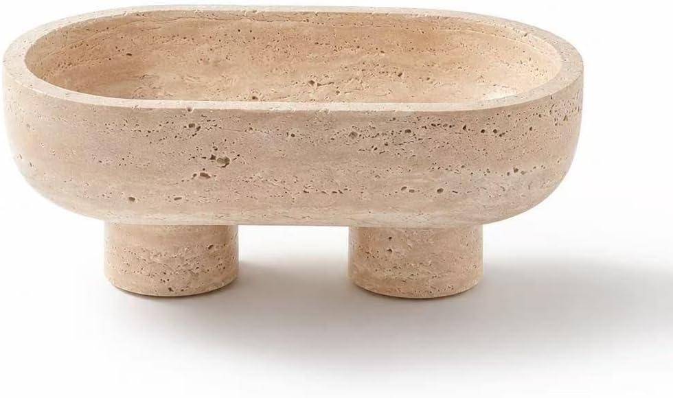 WILD WORKS Travertine Fruit Bowl, 10.2" Oval Beige Stone Serving Bowl for Kitchen Counter & Dining Table, Handcrafted Decorative Centerpiece with Non-Slip Feet for Home Decor