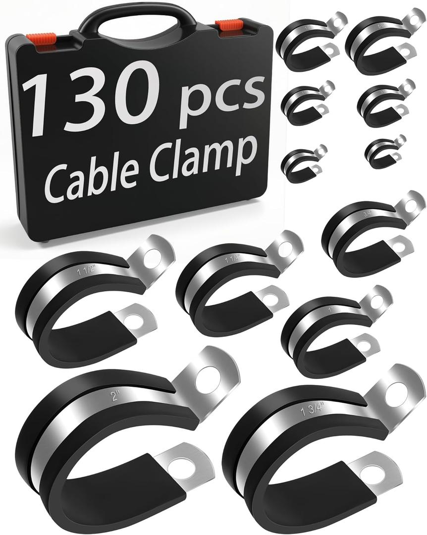 130PCS Cable Clamp Assortment Kit, 12 Sizes 304 Stainless Steel Wire Clips with Rubber Cushion, Pipe & Hose Clamps for Wiring, Plumbing, Fuel Injection Line, Automotive & Mechanical Use