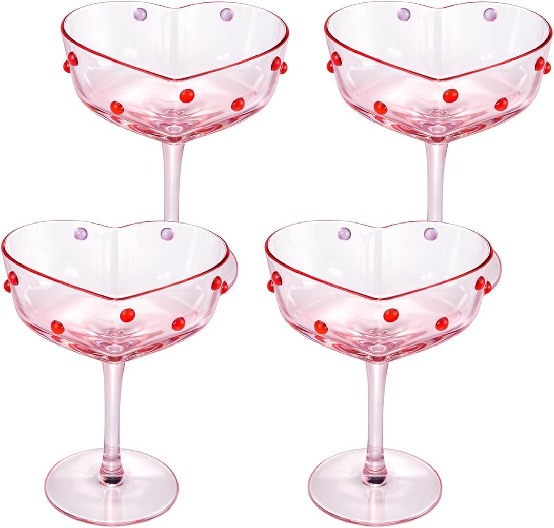 4 Pcs 12 oz Valentine's Day Heart Shaped Pink Martini Wine Glasses with Romantic Polka Dots Valentine's Day Gift Couple Glasses Heart Red Dotted Romantic Birthday Wedding Supplies
