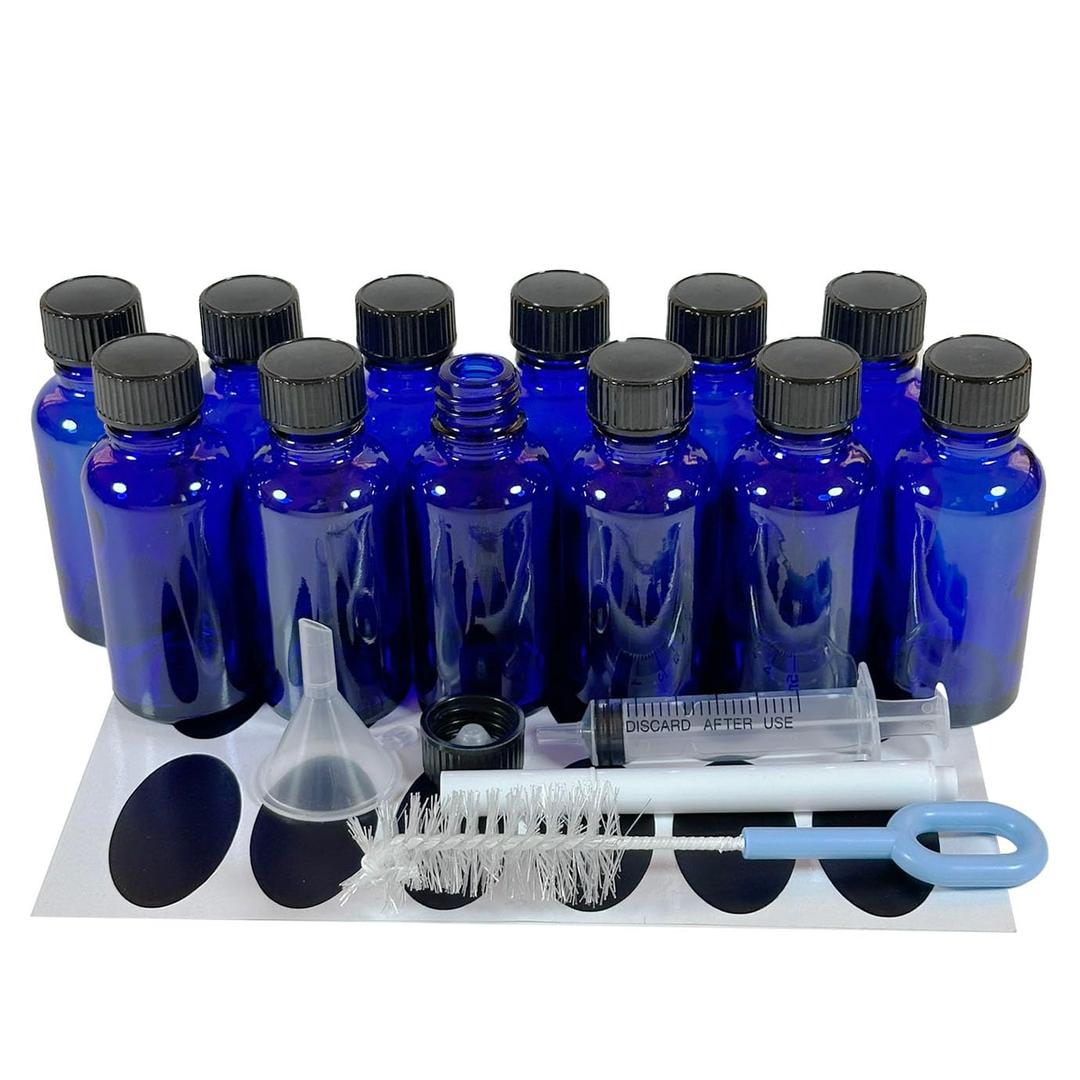 Bioll 30ml (1 oz) glass bottle. Essential oil bottle with lid. For Perfume, Aromatherapy, Lab Refillable Sample Vials - 12 Pack (Blue)