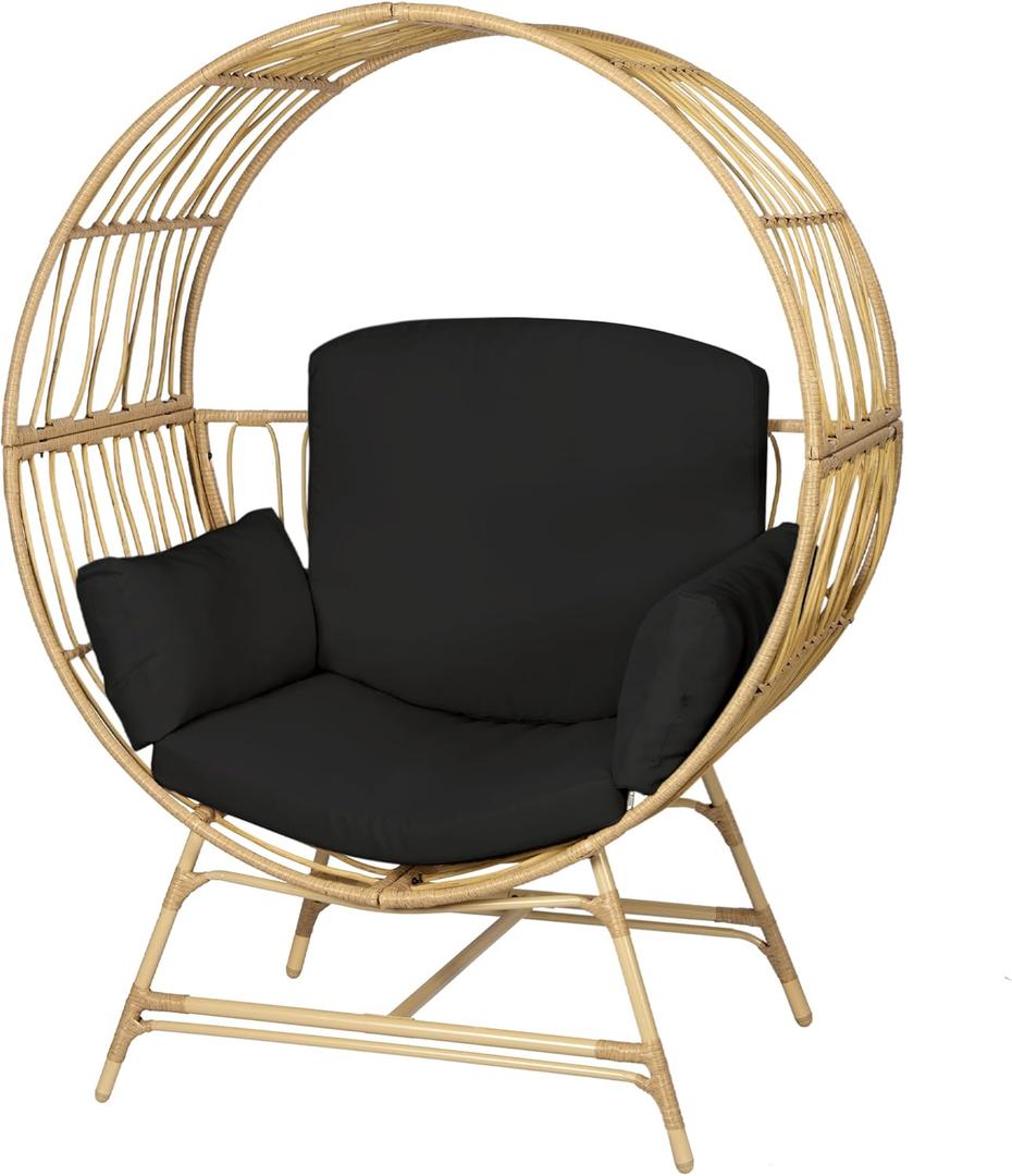 Wicker Round Egg Chair, Oversized Indoor Outdoor Lounger for Patio Living Room, w/ 4 Cushions, Steel Frame, 330lbs Capacity(YE-BK)