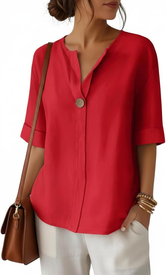 ETCYY NEW Summer Shirts for Women Button V Neck Blouses 2026 Short Sleeves Dressy Casual Tunic Tops (Red, XL)