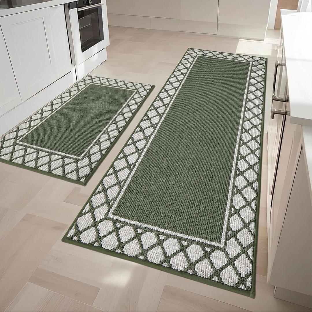 COSY HOMEER Kitchen Rugs Non Slip Washable Kitchen Mats for Floor Absorbent Kitchen Rugs Sets of 2 Kitchen Runner Rugs for Kitchen Carpet Sink Laundry Area Rugs,Green,24" x 35"+24" x 60"