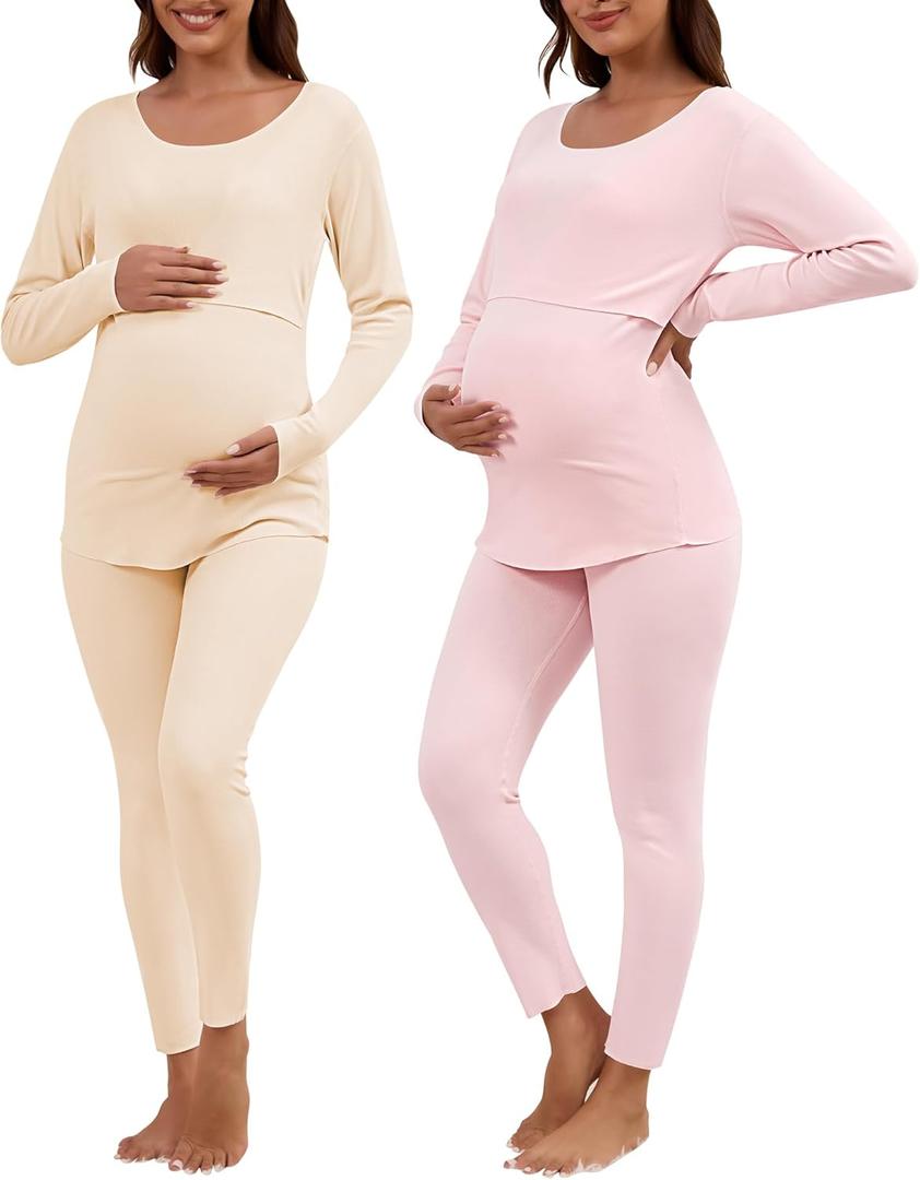 Patelai 2 Pack Thermal Nursing Underwear for Women Maternity Pajama Set Breastfeeding Sleepwear Fleece Lined Pregnancy Set(Nude, Pink, L)