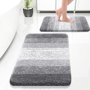 OLANLY Bathroom Rug Set 2 Piece, Soft Absorbent Microfiber Bath Rug Set, Non-Slip, Machine Wash Dry, Plush Shaggy Bath Mats for Bathroom (30"x20"+24"x16", Grey)