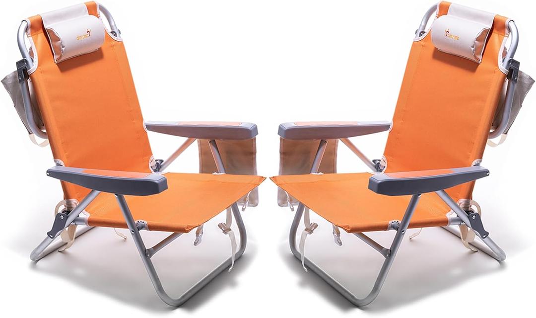 SUNNYFEEL Low Beach Chair 2 Pack 5 Position Lay Flat, Portable Folding Backpack Beach Chairs Heavy Duty with Cooler Bag, Cup Holder for Outdoor/Lawn/Picnic/Fishing, Foldable Camping Chair
