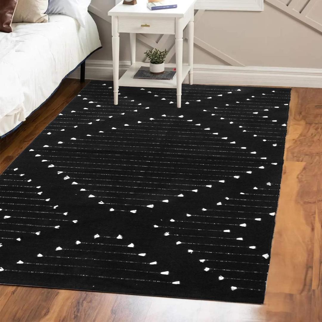 LIVEBOX Boho 4x6 Washable Rug for Bedroom,Black and White Living Room Rugs, Moroccan Cotton Woven Indoor Carpet,Large Throw Area Rug for Entryway Dining Room Porch
