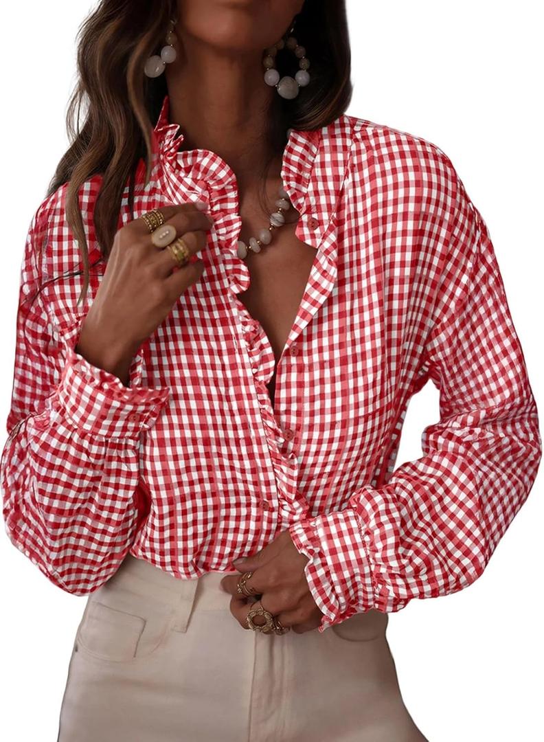 Astylish Womens Plaid Ruffle V Neck Button Down Blouse Casual Long Sleeve Gingham Trendy Tops Work Checkered Shirt (Medium)