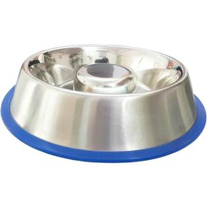 Mr. Peanut's Stainless Steel Interactive Slow Feed Dog Bowl with a Blue Silicone Base, Fun Healthy Bloat Stop Feeder (Small)