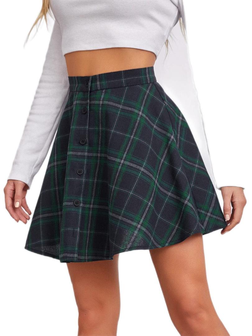 WDIRARA Women's Y2k Cheer High Waist Mini Pleated Plaid Skirt (Green, S)