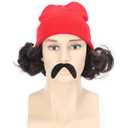 Fatmuai Short Curly Mens Red Beanie Halloween Costume Reallistic Cosplay and Performance Hair Wig with Black Mustache