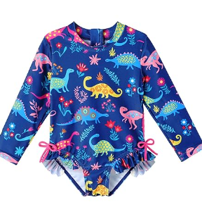 Bathing Suits Toddler Girl Dinosaur Print Long Sleeve Zipper with Headdress 1 Swimsuit Suit for 5 Girls, Blue