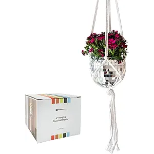 Hanging Disco Ball Planter 8" - with Acrylic Stand and Macrame Plant Hanger - Home Décor, Room Décor, Patio or Boho Décor, Mirror Disco Planter, Disco Decor (4" Mini with Base)
