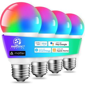 Energetic Light Bulbs Work with Alexa/Apple Home/Google Home/SmartThings, Matter Smart A19 LED Light Bulb, E26 RGB Smart Bulbs, 60W Equivalent, 800LM, 2.4 Ghz WiFi Only, Smart Speaker Required, 4 Pack