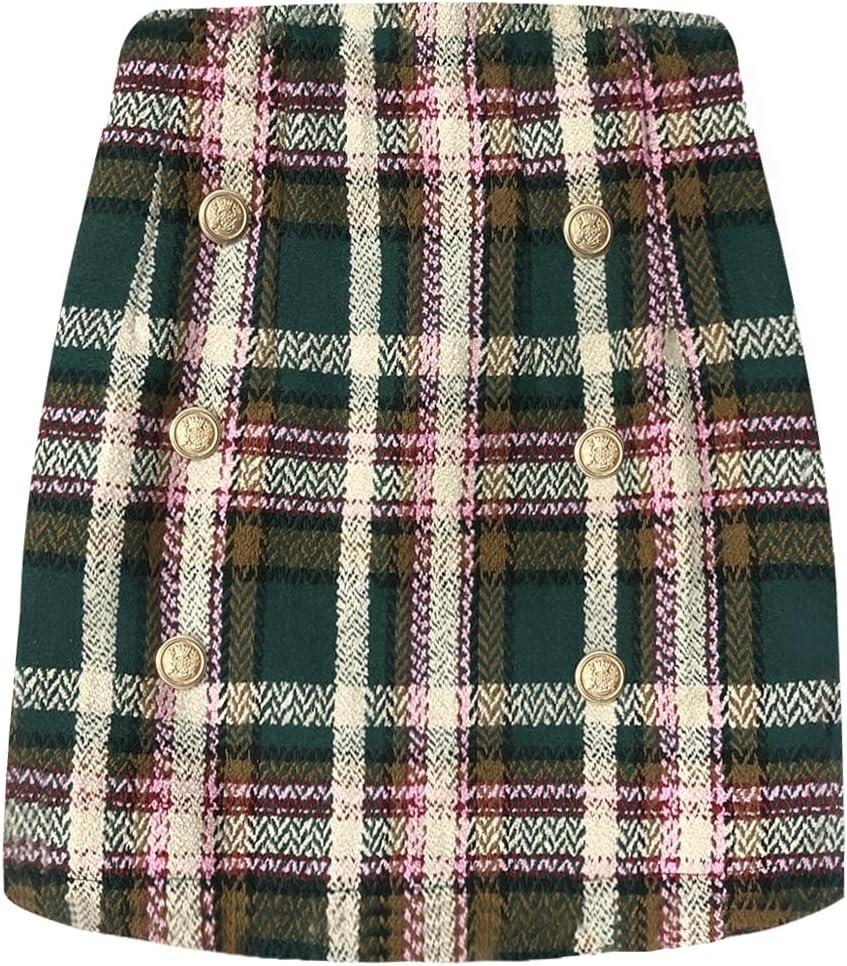 Women's Plaid Mini Skirt Pencil Above Knee Length High Elastic Waist Bodycon Zipper Vintage Short Skirts for Women (XX-Large)