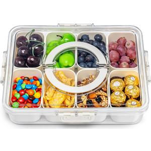 Air-Tight Snackle Box Container Divided Serving Tray with Lid & HandleClear Snack box for Fruits, Candy & NutsPortable for Travel & Daily Use (8 Inside Containers Dishwasher Safe)