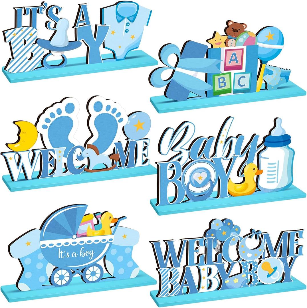6 Pcs Blue Baby Shower Wooden Table Centerpieces It's a Boy Baby Shower Decorations Welcome Boy Gender Reveal Party Table Topper Decorations for Newborn Birthday Photo Props