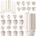 96 Pcs Spring Wildflower Cupcake Toppers and Wrappers Pink Floral Cupcake Picks and Liners for Birthday, Wedding, Bridal Shower, Baby Shower, Garden Spring Party Decorations
