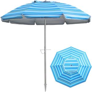 7ft Beach Umbrella with Sand Anchor & Tilt, UPF 50+ Protection Beach Umbrellas for Sand, Umbrellas for Heavy Duty Wind Portable with Carry Bag, for Patio Garden Pool, Baby Blue Stripes