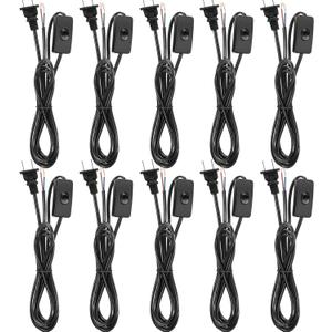 Pelopy 10 Packs Lamp Cord with Plug and Switch Light Set 6 Feet Prong Power Cord with Molded Plug Pure Copper Stripped Ends Ready for Wiring 110-220V,50W, Black