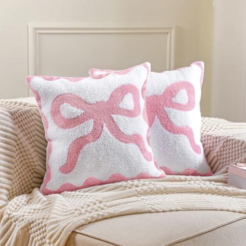HunnmingRe Pink Bow Pillow Covers Set of 2 Preppy Room Decor Coquette Bow Embroidered Pillow Covers Luxury Soft Pink Throw Pillowcases for Couch Sofa Bedroom Aesthetic Decor, 18x18 Inch