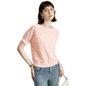 CyperRiver Women's Lace Pattern Round Neck Tops - Semi-Sheer Short Sleeve Tee, Embroidered Summer Blouse for Women, Minimalist Casual Wear, Light Pink, Size: M