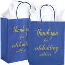 DjinnGlory 50 Pack Medium-Sized Navy Blue Welcome Paper Gift Bags 10x8x4 Inch, Thank You for Celebrating with Us Bags with White Tissue Paper for Wedding, Bridal Shower Parties