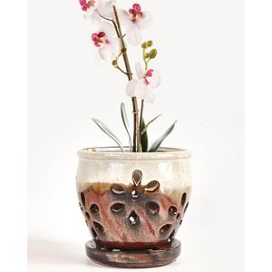Vensovo 5 Inch Ceramic Orchid Pots with Holes and Saucers - 1 Pcs Small Succulent Pot for Repotting, Garden Flowerpots for Plants Indoor and Outdoor Promotes Air Circulation, Brown Mixed