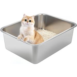 Stainless Steel Cat Litter Box for Large Cats - 17.5"x13.6"x6.1" High-Sided Metal Tray, Anti-Splash & Odor Resistant, Durable Rustproof Design, Easy to Clean 2Pcs